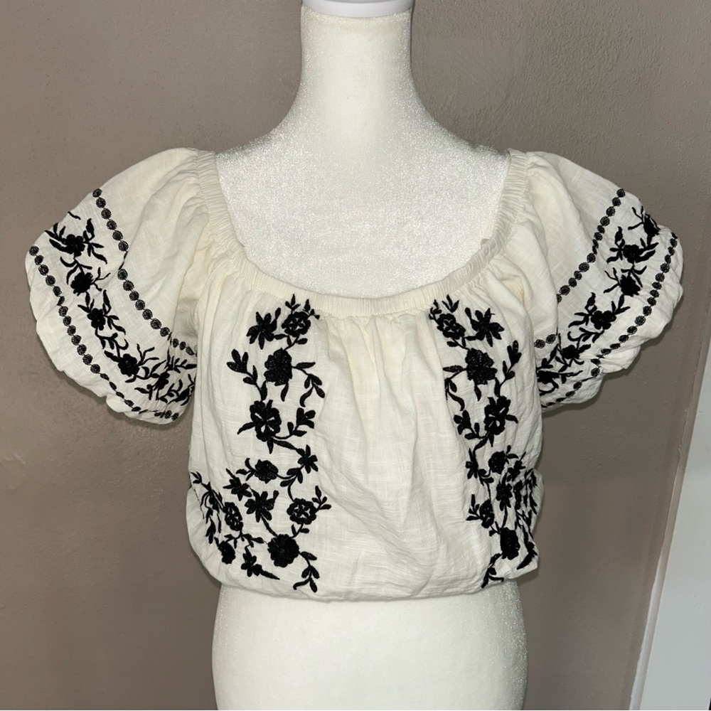 American Eagle Outfitters Black Embroidered Cream Blouse